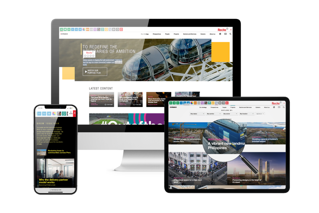 Desktop, mobile and tablet with Mace website using the Recite Me assistive toolbar