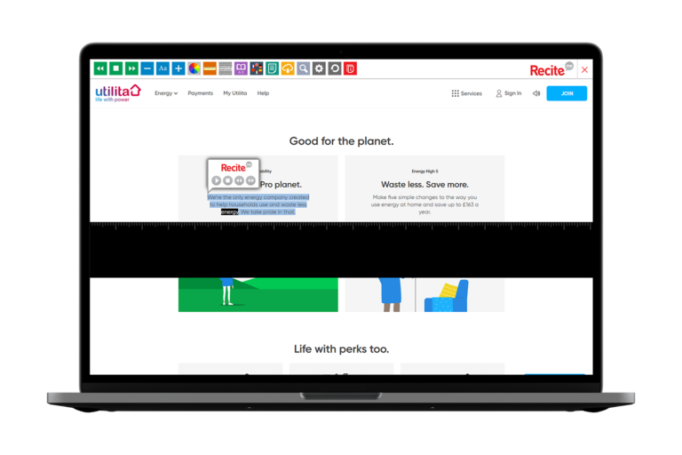 Laptop with Utilita website using the Recite Me assistive toolbar