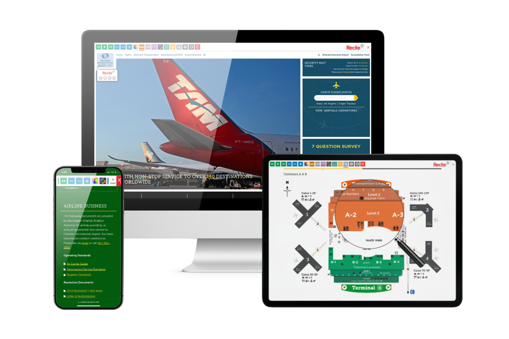 Desktop, mobile and tablet with Orlando International Airport website using the Recite Me assistive toolbar