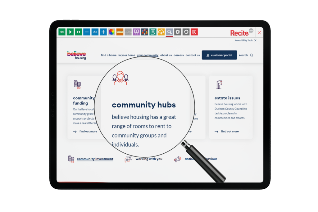 Tablet with Believe Housing website using the Recite Me assistive toolbar