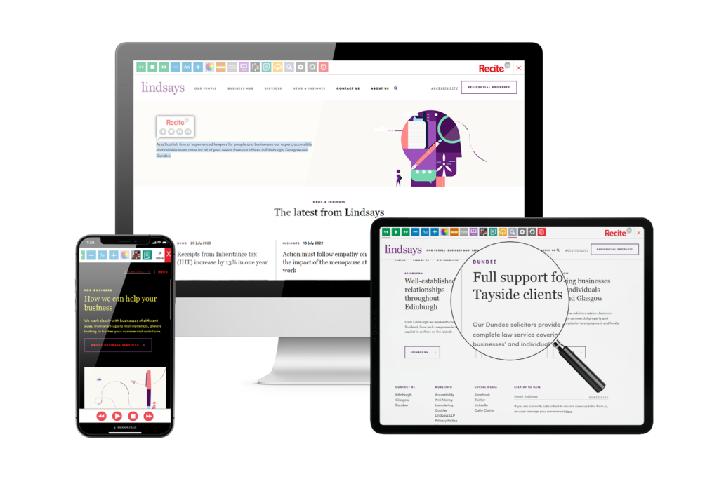 Desktop, mobile and tablet with Lindsays website using the Recite Me assistive toolbar