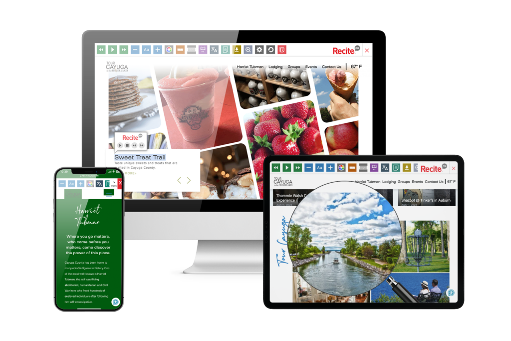 Laptop, mobiles and tablet with screenshot of Cayuga Tourism website