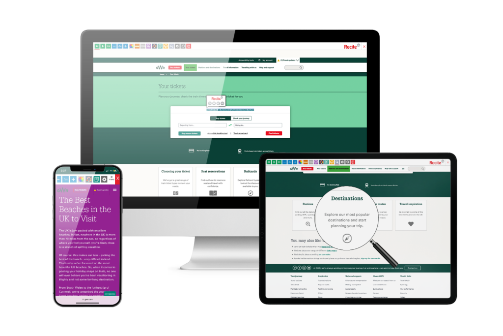 Desktop, mobile and tablet with great western railway website using the Recite Me assistive toolbar