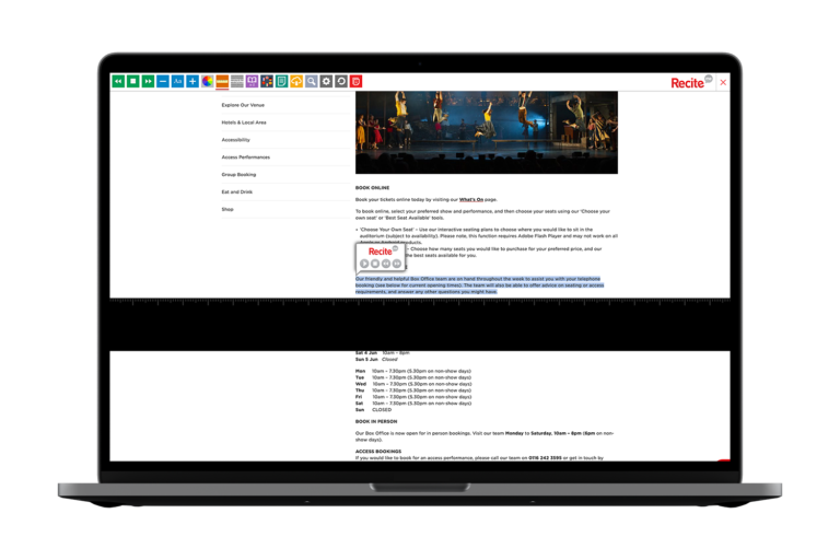 Laptop with Curve Theatre website using the Recite Me assistive toolbar