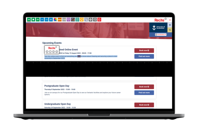 Laptop with University of Sunderland website using the Recite Me assistive toolbar