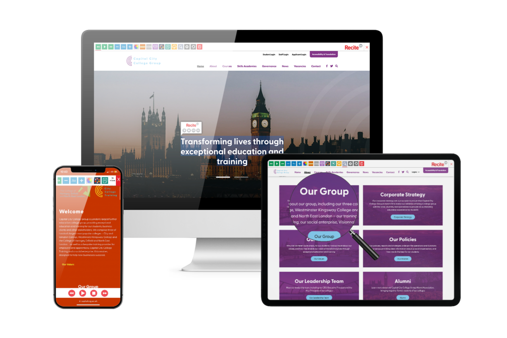 Capital City College website with recite me on multiple devices
