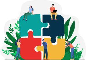 Animated people sitting on a jigsaw in the colour palette of Recite Me