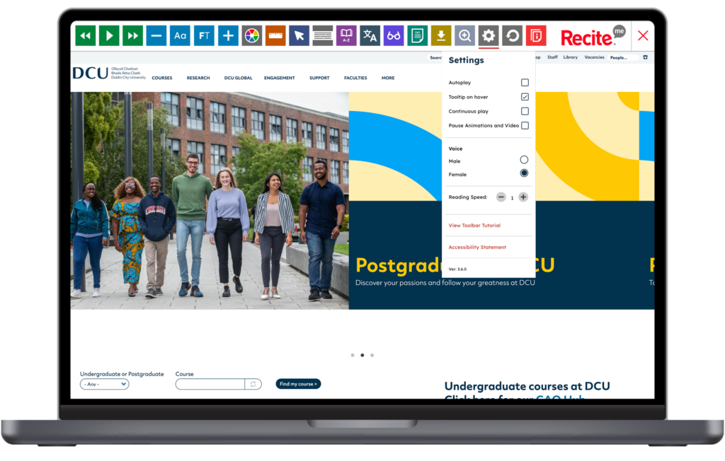 Mock-up of the Recite Me toolbar being used on the Dublin City University website.