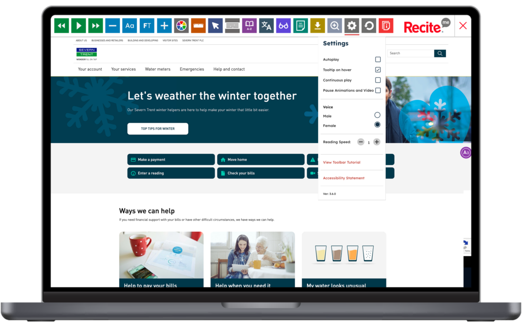 Mock-up of the Recite Me toolbar on the Severn Trent website.