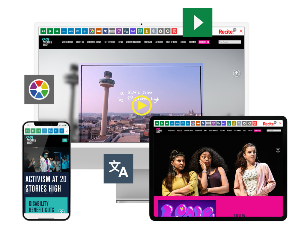 Mock-up of the Recite Me toolbar being used on the 20 Stories High website